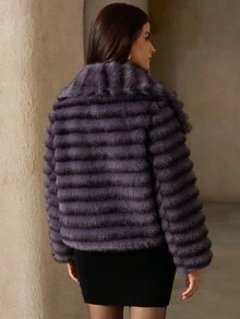 Revavyn 时尚别致的简约设计翻领人造毛皮夹克，美观优雅 - 紫色 - 查看 2