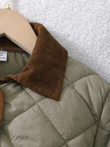 SHEIN 1 件女童菱形灯芯绒拼布领复古棉服外套，适合秋冬季 - 軍綠色 - 查看 8