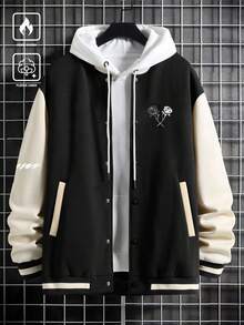 Manfinity Homme 宽松男士字母图案条纹饰边落肩棒球长袖夹克（无帽），秋季款 - 黑色 - 查看 3