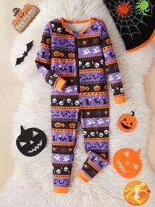 Young Boy Halloween New Snug Fit Knit Purple Skeleton, Pumpkin Lantern, Bat Long Sleeve Jumpsuit Pajamas, Family Matching Kids Halloween Pajamas Snug Fit Fall Winter - Multicolor - View 4