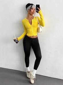 Dewbera 女士瑜伽和户外运动圆领长袖拉链运动夹克 - 黃色 - 查看 4