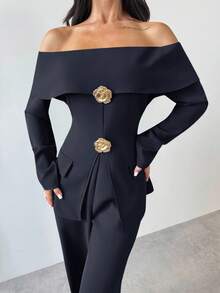 Firerie 女士优雅露肩长袖上衣和裤子两件套，适合秋冬通勤 - 藏蓝色 - 查看 5