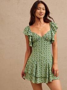 WESTFADE Summer Paisley Print Ruffle V Neck Tiered Fit And Flare Mini Cowgirl Dress - Green - View 1