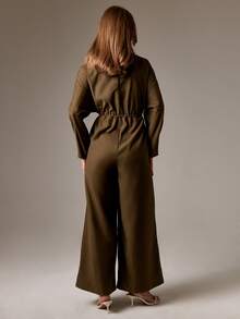 AiiRZ Wide Leg Jumpsuit Oversized Barrel Sleeve Channel Waist Drawstring Formal Occasion Evening Winter Fall Long Sleeve Fashion Statement Piece Luxury Modern Minimalist - Dark Green - View 2