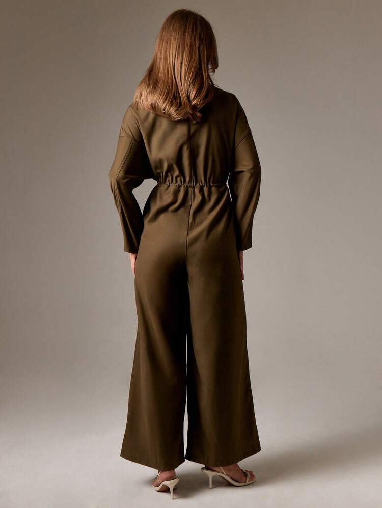 Wide Leg Jumpsuit With Barrel Sleeves And Drawstring Waist