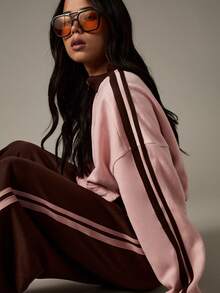 MISSGUIDED MSGD 女式宽腿慢跑裤休闲抽绳运动裤，侧条纹细节宽松运动休闲裤 - 咖啡棕 - 查看 5