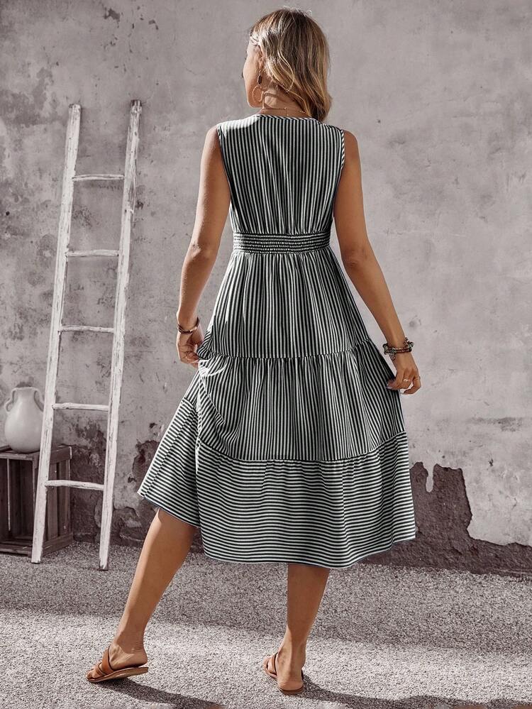 EMERY ROSE Vestido casual de media longitud con cintura ceñida y sin mangas a rayas para mujer, de verano - Blanco y Negro - Añade 2