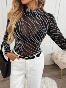 SHEIN LUNE Camiseta de manga larga casual con estampado de lámina para mujer - Negro - Ver 8