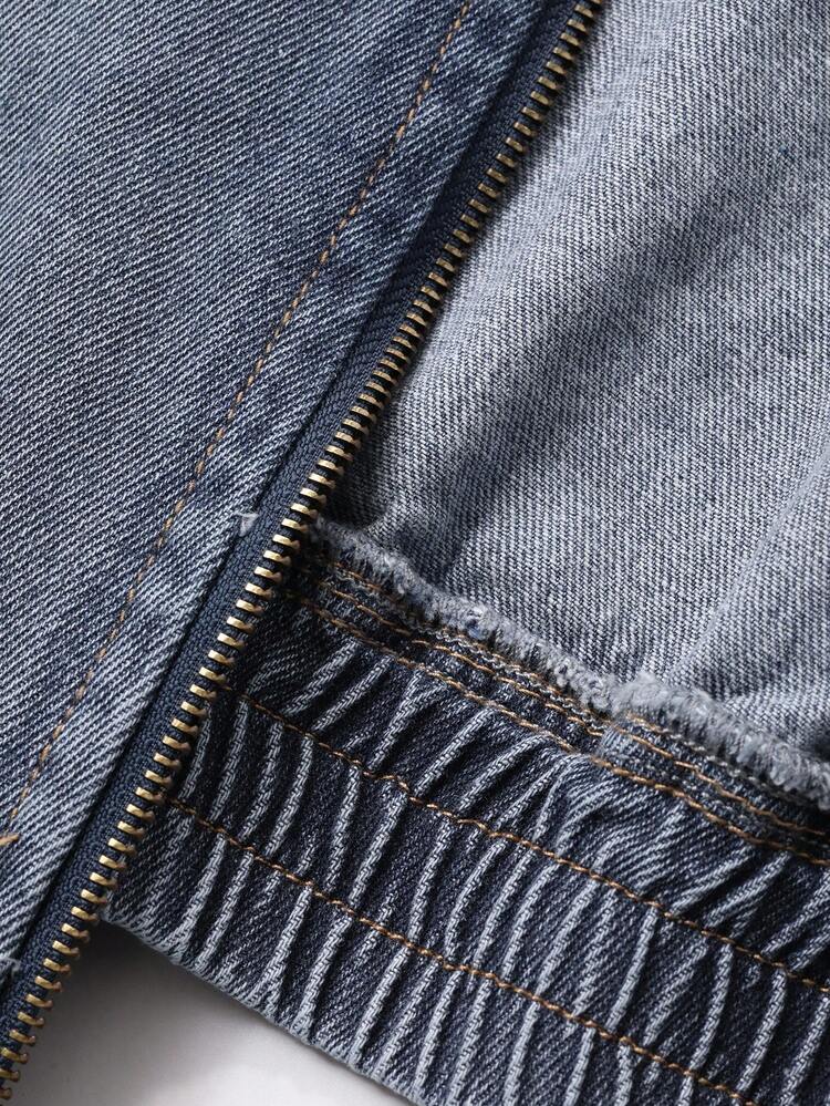 Men's Solid Color Patchwork Collar Blue Washed Denim Jacket, Autumn