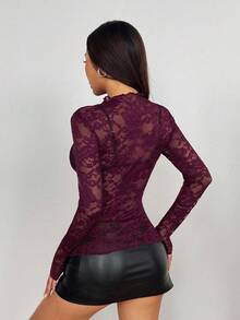 SHEIN Tall 女款蕾絲透視性感短版上衣，適合高個女性 - 紫色 - 查看 2