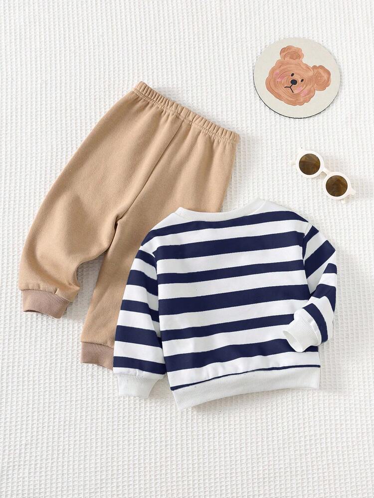 Cozy Pixies 2 件套男婴卡通熊印花彩色条纹圆领长袖连帽衫和纯色松紧腰踝长裤套装 - 藏蓝色 - 查看 2