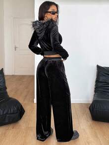 Coolane Women's Fall/Winter Streetwear Athleisure Basic Daily Wear Velvet Fur Collar Hooded Sweatshirt And Straight Pants Suit Set Two Pieces Outfits