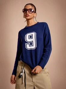SHEIN Sports Áo len dài tay cổ tròn dáng rộng màu tương phản dành cho nữ - Màu xanh lam - Xem 2