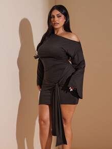 SHEIN BAE 大码女式纯色修身长袖不对称肩部连衣裙 - 棕色 - 查看 7