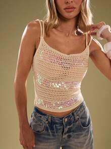 SHEIN BAE Women Solid Open Knit Sequin Tank Top,Halter Tops,Summer For Women,Summer Tops,Vacation Woman,Tank Tops,Sweaters,Beach For Woman,Beach,Halter Top,Cute Tops,Crop Tops Women,Going Out Tops Women,Fall Sweaters,Fall Women,Fall,Fall,Cute Tops School,Fall Tops,Rave,Bachelorette,Cute,Cute Sweater - Apricot - View 3