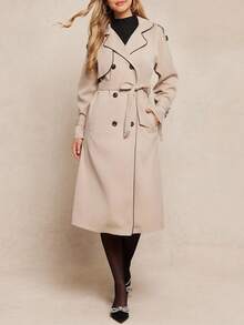 Amorya Women's Elegant Apricot Color-Block Pocket Mid-Length Trench Coat, Suitable For Daily Commute And Versatile Occasions, Autumn Trench Coats Autumn Outfits For Women   Women's Winter Coat  Chic Women's Jacket