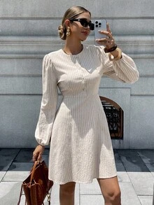 Chiquease French Style Round Neck Button Front Cotton Striped Lantern Sleeve Dress For Women Fall Cloth For Women - Apricot - View 1
