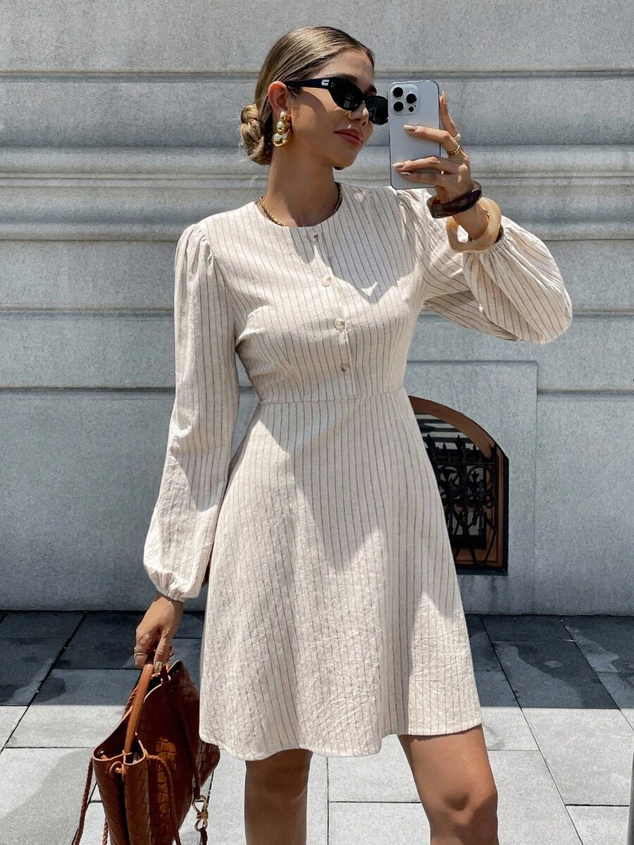 Chiquease French Style Round Neck Button Front Cotton Striped Lantern Sleeve Dress For Women Fall Cloth For Women - Apricot - View 1