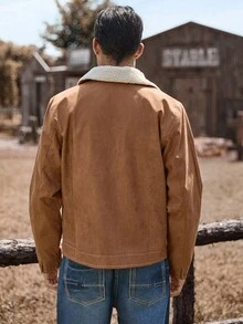 Manfinity Nomadique 男士长袖时尚休闲复古灯芯绒抓绒外套，秋冬款 - 棕色 - 查看 2