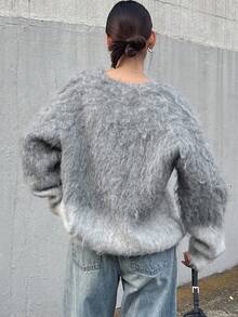 FRIFUL Women's V-Neck Ombre Fluffy Loose Fit Casual Pullover Sweater, Thickened And Thermal Lined - Grey - View 5