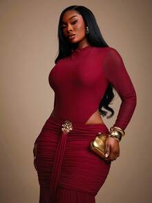 Radiana Plus Size Women's Fall/Winter,Spring&Summer Elegant Gorgeous Glamorous Sexy Basic 2pcs/Set Bodysuit And Ruching Mesh Maxi Skirt,With Free Removable Gold Metal Brooch,Suitable For Banquet,Feast,Dinner Party,Prom,Ball,Urban,Valentine's Day,Sexy Office Siren,Cruise Attire,Vintage,Festival,Concert,Carnival,Outing,Richly Layered,Holiday,Date Night,Gathering,Birthday,Bachelorette Party Outfit ,Cocktail,Formal Event,Modest,Chic,NightClub,Cute,New Years Eve Christmas Red - Burgundy - View 1