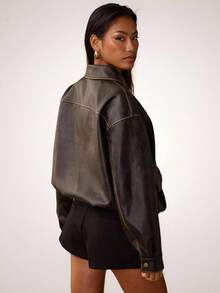 SHEIN BAE Fall Women's Solid Color Lapel Pocket Long SleeveLeather Jacket,Women's Leather Jacket,Washed Leather Jacket,Brown Faux Leather Mottled Texture Belted Hem Biker Jacket,,Brown Jacket - Coffee Brown - View 2