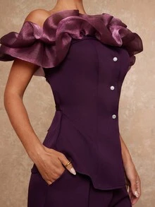 Lumalex 秋冬季聚会宴会低调奢华复古闪耀假日派对狂欢节郊游度假热门户外丰富层次婚礼季宴会成人礼一套露肩夸张欧根纱腰部修身宽松女式两件套奢华舞会证件照宰牲节派对新年 - 紫色 - 查看 7