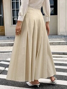 SHEIN Frenchy Chân váy midi xếp ly thanh lịch cạp cao màu trơn dành cho nữ, mùa thu - Màu be - Xem 2