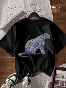 Glissea Women's Leopard Print Casual Loose Fit Round Neck Short Sleeve T-Shirt - Black - View 5