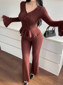 DAZY Damen eleganter einfarbiger Rüschen-Saum Cardigan und Hose 2 Stücke Set, Herbst Loungewear für Frauen - Braun - Übersicht 6