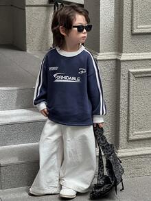 DAZY 儿童秋季服装，男童抓绒卫衣，休闲宽松字母印花街头风，秋季 - 藏蓝色 - 查看 5