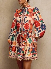 Travachic Elegant Floral Print Long Sleeve Dress, Suitable For Commuting,  New Year Clothes,  Going Out Outfit, Luxury Elegant Graduation, Boho Dress, Floral Print Dress,Fall Outfits For Women, National Day - Multicolor - View 4