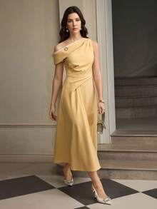 ZEYLAH Contrast Color Metal Buckle Decor Waist Midi Dress For Women - Yellow - View 5