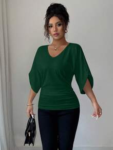 Elenzga Women's Solid Color Mid-Sleeve Fitted Ruched Batwing V-Neck Short Sleeve T-Shirt