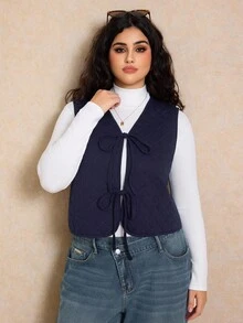 Elaquor Plus Size Dark Blue Denim Quilted Vest Jacket Winter Thermal Lined Jacket Casual Warm Wear Bow Tie Casual Jacket - Dark Wash - View 3