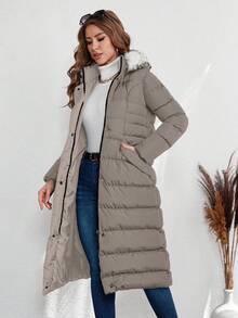 RueChic 女士冬季保暖休闲拉链撞色羊毛饰边连帽加厚外套 - 米色 - 查看 6