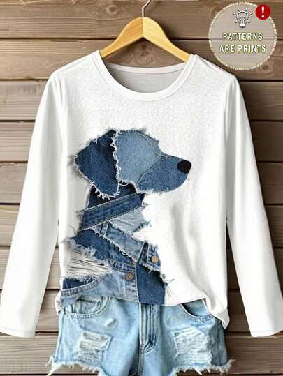 EMERY ROSE Vintage Patchwork Dog Print Casual Round Neck Long Sleeve T-Shirt, Suitable For Everyday Wear In Autumn