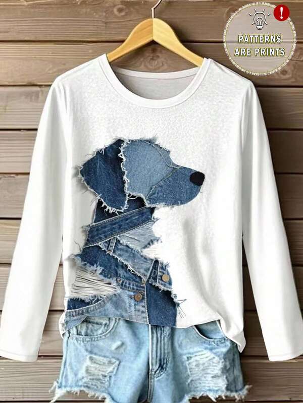EMERY ROSE Vintage Patchwork Dog Print Casual Round Neck Long Sleeve T-Shirt, Suitable For Everyday Wear In Autumn