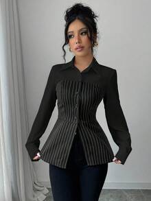 Elenzga 时尚通勤单排扣条纹拼布衬衫 - 黑與白 - 查看 3