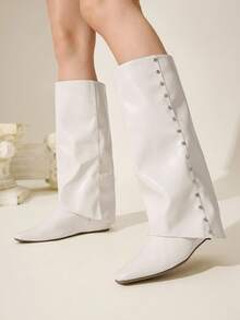 CUCCOO CHICEST Women's Fashionable Versatile Solid Color Knee-High Boots - White - View 6