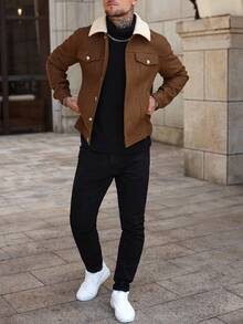 Manfinity Homme Men's Contrast Color Lapel Long Sleeve Single-Breasted Casual Jacket, Autumn/Winter - Brown - View 5