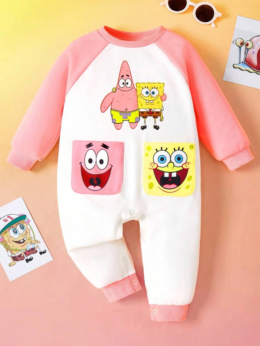 SpongeBob SquarePants | SHEIN Baby Girl Cartoon Pattern Pocket Contrast Raglan Sleeve Jumpsuit, Autumn/Winter Fall - Pink - View 1