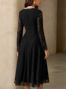 Aveloria Rosie Beaded Lace Trim Fitted Dress - Black - View 2