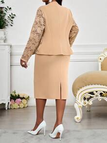 SHEIN Lady Conjunto de 2 piezas con vestido ajustado de estampado geométrico y chaqueta de manga abullonada de unicolor, traje de verano con blazer de encaje, traje de falda, traje de oficina para mujer, traje de falda de negocios casuales, traje de falda elegante de primavera y verano, dorado, elegante, vintage, para trabajo, boda, recepción, San Valentín, Año Nuevo, fiesta, ropa de trabajo, ropa casual de oficina para mujer, otoño e invierno