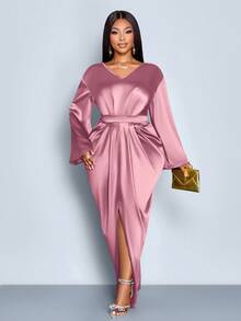 SOLERSUN 大码春秋新款亮面面料V领褶皱腰长袖开衩系带蝴蝶结长裙优雅办公室生日派对舞会性感俏皮鸡尾酒婚礼季演唱会礼服时尚女装 - 藕粉色 - 查看 6