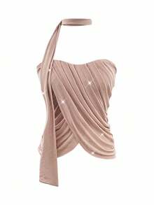 Firerie Eleganckie, falbaniaste, połyskujące bluzki damskie z siateczki/Ubrania jesienne/Eleganckie bluzki damskie/Szykowne bluzki/Szykowne bluzki jesienne/Stroje na randkę/Bluzki na imprezę - Kolor khaki - Zobacz 9