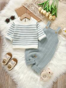 2 件婴儿针织套装：条纹圆领长袖毛衣 + 带吊带的连体裤 - 淺藍色 - 查看 2