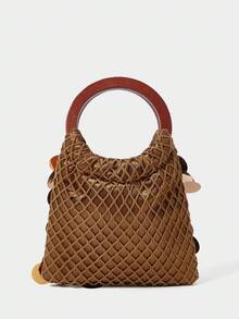 SHECARRY Túi Tote Tay Cầm Bằng Gỗ Đính Hạt Phong Cách Bohemian Thời Trang Cho Nữ - màu nâu - Xem 6