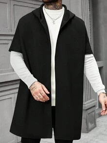 Manfinity Homme Áo khoác nam tay ngắn có mũ trùm đầu dáng rộng, hở phía trước, màu đen trơn, phong cách Old Money, thu đông - màu đen - Xem 6