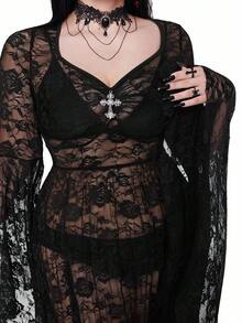 Whyspr 大码连衣裙大码秋冬女装甜心领方领泡泡袖短袖透视性感玫瑰蕾丝紧身A字拼接长裙哥特连衣裙万圣节哥特朋克 - 黑色 - 查看 4